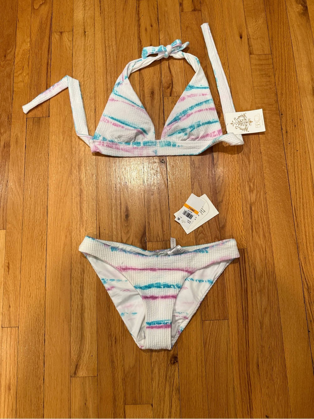 BECCA White Bikini set with Pink & Teal Tie-Dye Stripes
